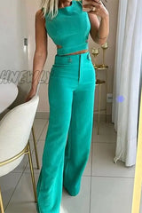 Hnewly - Casual Simplicity Solid Buttons O Neck Sleeveless Two Pieces Turquoise / S