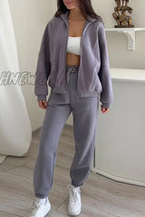 Hnewly - Casual Simplicity Solid Draw String Hooded Collar Long Sleeve Two Pieces(3 Colors) Purple