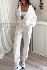 Hnewly - Casual Simplicity Solid Draw String Hooded Collar Long Sleeve Two Pieces(3 Colors) White /