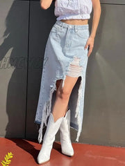 Hnewly Casual Slit Denim Skirts For Women With Pockets Frayed Raw Hem Stretch Waist Washed Slim