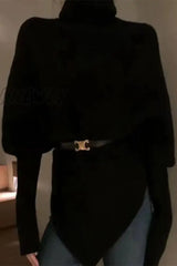 Hnewly - Casual Solid Asymmetrical Turtleneck Tops Black / One Size Tops/Sweaters & Cardigans