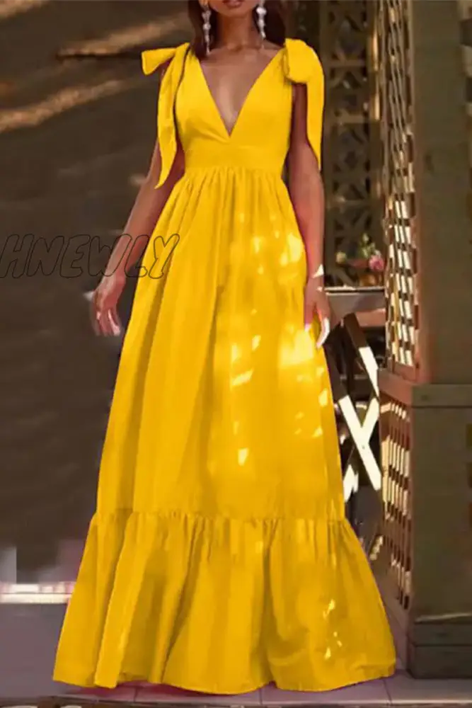 Hnewly - Casual Solid Bandage V Neck Cake Skirt Dresses(3 Colors) Yellow / S Dresses/Casual Dresses