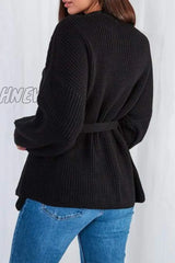 Hnewly - Casual Solid Bandage V Neck Cardigans(3 Colors) Black / One Size Tops/Sweaters & Cardigans