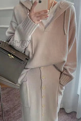 Hnewly - Casual Solid Buttons Hooded Collar Long Sleeve Two Pieces Apricot / One Size