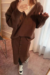 Hnewly - Casual Solid Buttons Hooded Collar Long Sleeve Two Pieces Deep Coffee / One Size