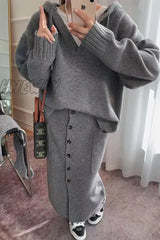 Hnewly - Casual Solid Buttons Hooded Collar Long Sleeve Two Pieces Grey / One Size Pieces/Two-Piece