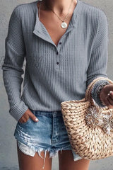 Hnewly - Casual Solid Buttons O Neck Tops(8 Colors) Grey / S Tops/Long Sleeve Tops