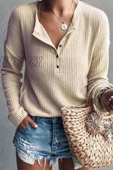 Hnewly - Casual Solid Buttons O Neck Tops(8 Colors) Khaki / S Tops/Long Sleeve Tops