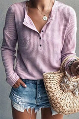 Hnewly - Casual Solid Buttons O Neck Tops(8 Colors) Pink / S Tops/Long Sleeve Tops
