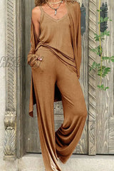 Hnewly - Casual Solid Color V Neck Long Sleeve Three Pieces(4 Colors) Camel / S Two
