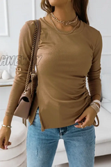 Hnewly - Casual Solid Draw String Slit O Neck Tops Khaki / S Tops/Long Sleeve