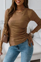 Hnewly - Casual Solid Draw String Slit O Neck Tops Tops/Long Sleeve