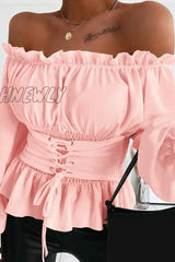 Hnewly - Casual Solid Flounce Off The Shoulder Tops(5 Colors) Pink / Xs Tops/Long Sleeve Tops