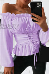 Hnewly - Casual Solid Flounce Off The Shoulder Tops(5 Colors) Purple / Xs Tops/Long Sleeve Tops