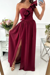 Hnewly - Casual Solid Flounce One Shoulder Cake Skirt Dresses(6 Colors) Burgundy / S Dresses/Casual
