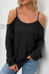 Hnewly - Casual Solid Hollowed Out Draw String O Neck Tops(6 Colors) Black / S Tops/Long Sleeve Tops