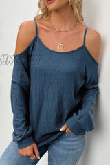 Hnewly - Casual Solid Hollowed Out Draw String O Neck Tops(6 Colors) Blue / S Tops/Long Sleeve Tops