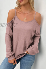 Hnewly - Casual Solid Hollowed Out Draw String O Neck Tops(6 Colors) Pink / S Tops/Long Sleeve Tops
