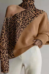 Hnewly - Casual Solid Hollowed Out Patchwork Turtleneck Sweaters(3 Colors) Leopard Print / M