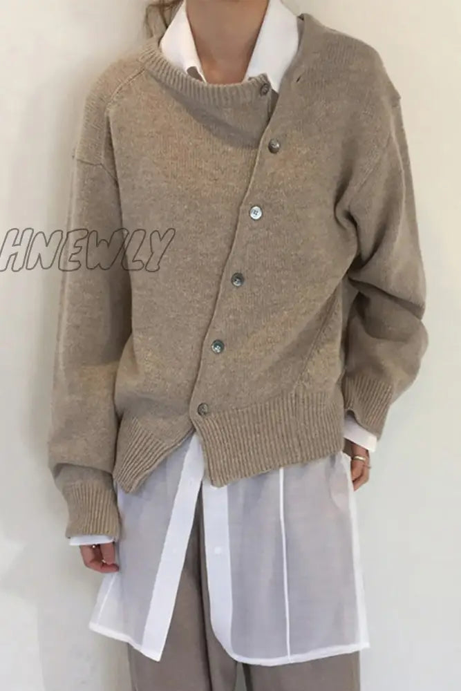 Hnewly - Casual Solid Make Old Buttons O Neck Outerwear(6 Colors) Apricot / S Outerwear/Knitted