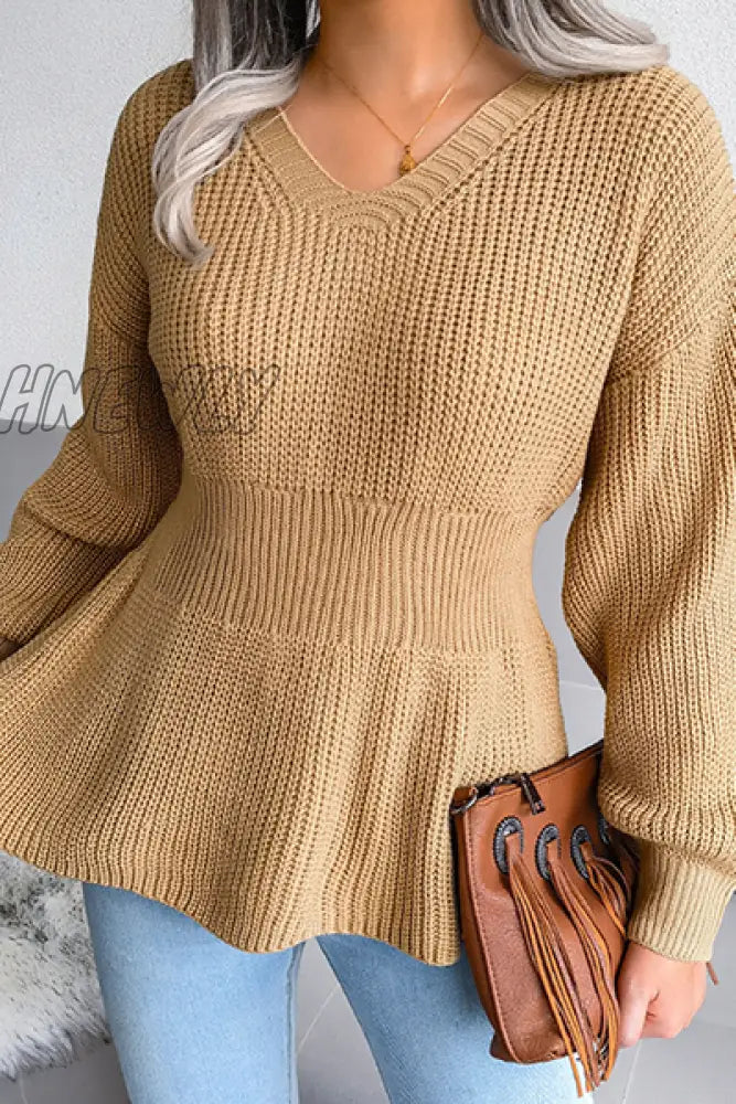 Hnewly - Casual Solid Patchwork Flounce V Neck Sweaters(3 Colors) Khaki / S Tops/Sweaters &