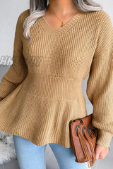 Hnewly - Casual Solid Patchwork Flounce V Neck Sweaters(3 Colors) Khaki / S Tops/Sweaters &
