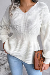 Hnewly - Casual Solid Patchwork Flounce V Neck Sweaters(3 Colors) Tops/Sweaters & Cardigans