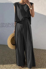 Hnewly - Casual Solid Patchwork O Neck Sleeveless Two Pieces(3 Colors) Black / S Pieces/Two-Piece