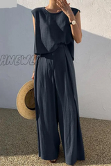 Hnewly - Casual Solid Patchwork O Neck Sleeveless Two Pieces(3 Colors) Navy / S Pieces/Two-Piece