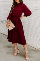 Hnewly - Casual Solid Patchwork O Neck Waist Skirt Dresses Burgundy / S Dresses/Casual