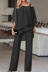 Hnewly - Casual Solid Patchwork Oblique Collar Two Pieces(5 Colors) Black / S Pieces/Two-Piece