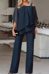 Hnewly - Casual Solid Patchwork Oblique Collar Two Pieces(5 Colors) Navy / S Pieces/Two-Piece Pants