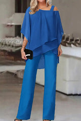 Hnewly - Casual Solid Patchwork Oblique Collar Two Pieces(5 Colors) Royal Blue / S Pieces/Two-Piece