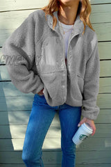 Hnewly - Casual Solid Patchwork Pocket Mandarin Collar Outerwear(6 Colors) Grey / S