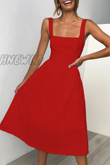 Hnewly - Casual Solid Patchwork Square Collar Cake Skirt Dresses(3 Colors) Red / S Dresses/Casual