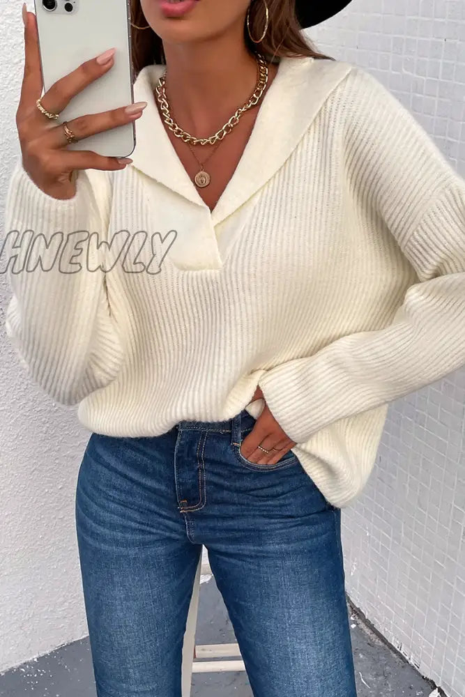 Hnewly - Casual Solid Patchwork Turndown Collar Tops Sweater(4 Colors) Cream White / S