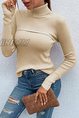 Hnewly - Casual Solid Patchwork Turtleneck Tops Tops/Long Sleeve