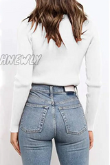 Hnewly - Casual Solid Patchwork Turtleneck Tops Tops/Long Sleeve