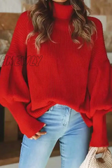 Hnewly - Casual Solid Patchwork Turtleneck Tops Sweater Red / S Tops/Sweaters & Cardigans
