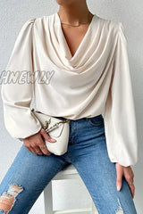 Hnewly - Casual Solid Patchwork U Neck Long Sleeve Tops(6 Colors) Tops/Long Tops