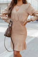 Hnewly - Casual Solid Patchwork V Neck Cake Skirt Dresses(4 Colors) Apricot / S Dresses/Casual