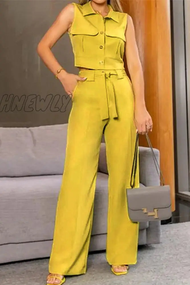 Hnewly - Casual Solid Pocket Sleeveless Two Pieces Yellow / S Pieces/Two-Piece Pants Set