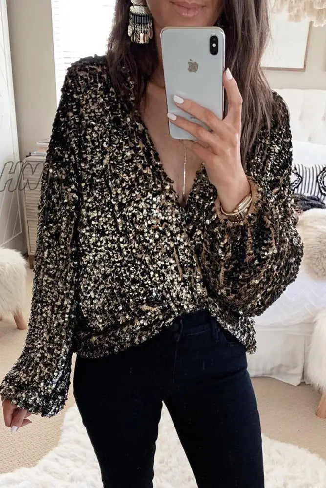 Hnewly - Casual Solid Sequins V Neck Tops Black Gold / S Tops/Long Sleeve