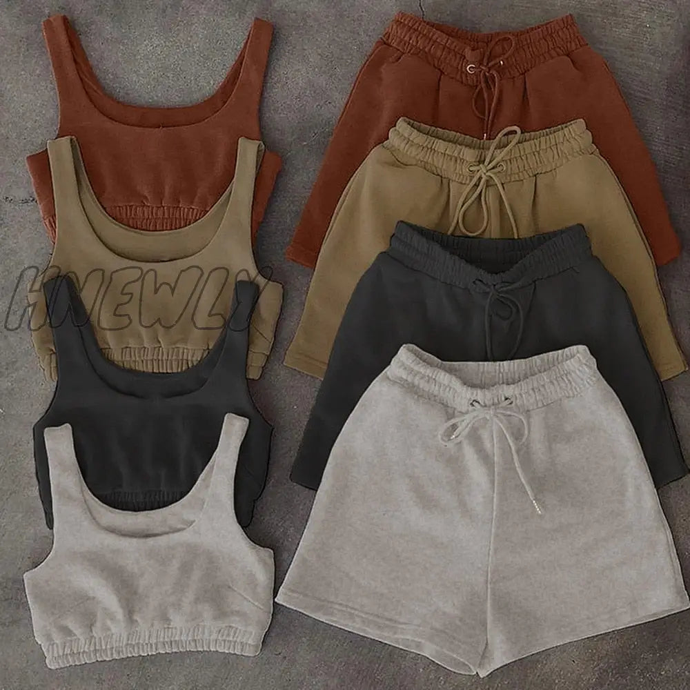 Hnewly Casual Solid Shorts Sets Women Crop Top Two Piece And Drawstring Shorts Matching Sportswear