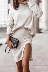 Hnewly - Casual Solid Slit Turtleneck Long Sleeve Two Pieces(3 Colors) Cream White / S