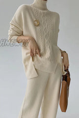 Hnewly - Casual Solid Slit Turtleneck Long Sleeve Two Pieces(8 Colors) Apricot / One Size