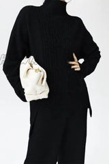 Hnewly - Casual Solid Slit Turtleneck Long Sleeve Two Pieces(8 Colors) Black / One Size