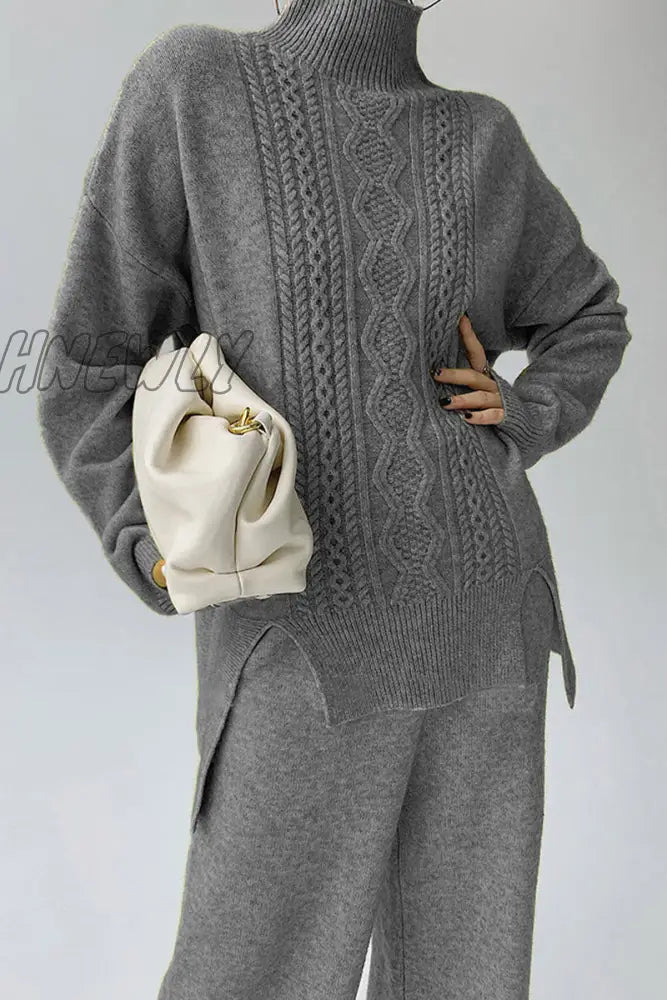 Hnewly - Casual Solid Slit Turtleneck Long Sleeve Two Pieces(8 Colors) Grey / One Size