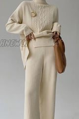 Hnewly - Casual Solid Slit Turtleneck Long Sleeve Two Pieces(8 Colors) Pieces/Two-Piece Pants Set