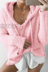 Hnewly - Casual Solid Split Joint Draw String Hooded Collar Tops Pink / S Tops/Sweats & Hoodies